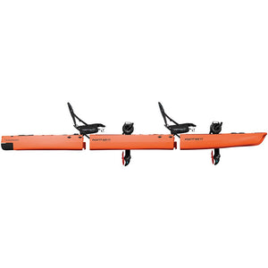 KingFisher Tandem Modular Fishing Kayak for Sale Orange version. It is a 3 piece modular fishing kayak for sale with 2 place seats and 2 black impulse drives.