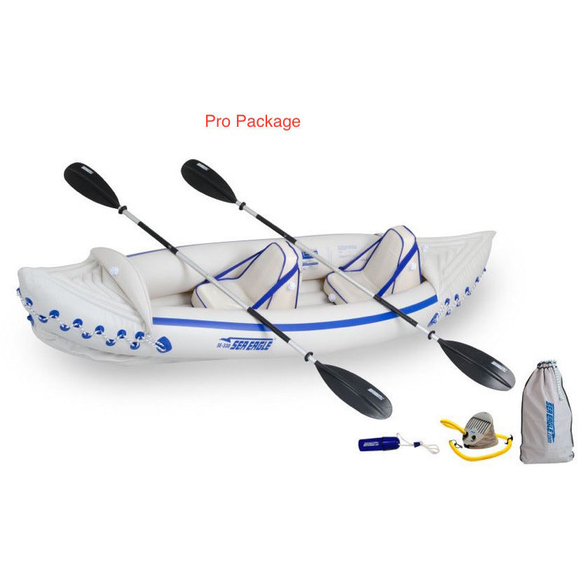 Sea Eagle 330 Sport Inflatable Kayak top view with the bag and pump sitting next to the Sea Eagle inflatable boat.