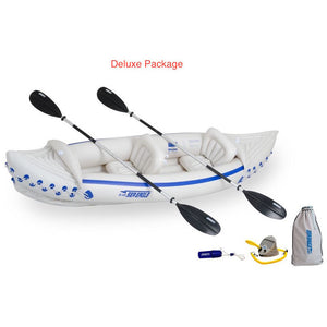 Sea Eagle 330 Sport Inflatable Kayak top view with the bag and pump sitting next to the Sea Eagle inflatable boat.