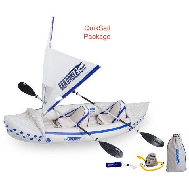 QuikSail Rig on the Sea Eagle 330 Sport Inflatable Kayak top view with the bag and pump sitting next to the Sea Eagle inflatable boat.