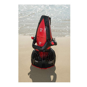 Upright view of the red and black Yamaha 350Li Sea Scooter on the beach.  Sand and water are in the picture and the Yamaha 350 Li is glimmering in the sun.
