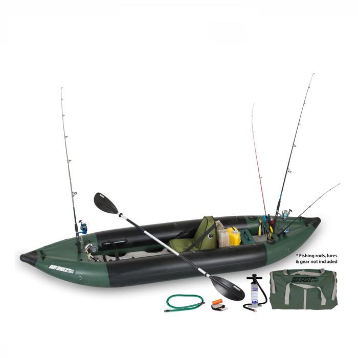 Sea Eagle 350fx Inflatable Fishing Kayak top view with the bag and pump sitting next to the Sea Eagle inflatable kayak.