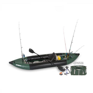 Sea Eagle 350fx Inflatable Fishing Kayak top view with the bag and pump sitting next to the Sea Eagle inflatable kayak. 