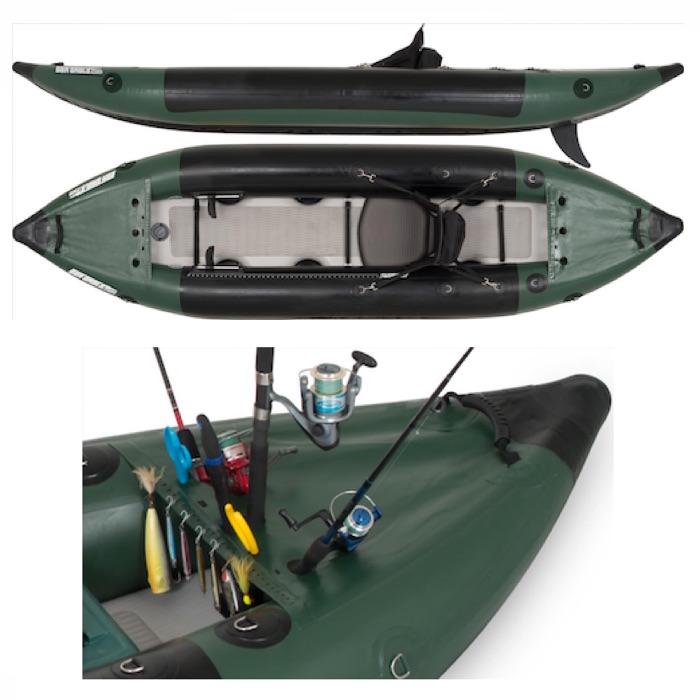 Sea Eagle 350fx Inflatable Fishing Kayak top, view, side view, and front nose close up.
