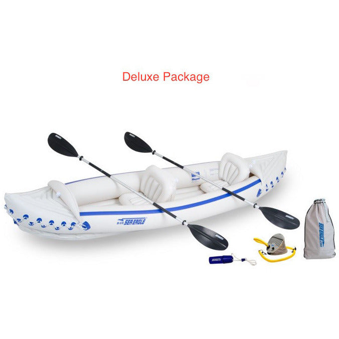 Sea Eagle 370 Sport Inflatable Kayak top view with the bag and pump sitting next to the Sea Eagle inflatable kayak. 