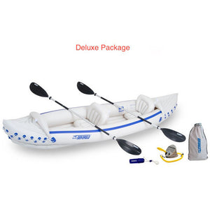 Sea Eagle 370 Sport Inflatable Kayak top view with the bag and pump sitting next to the Sea Eagle inflatable kayak. 