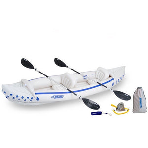Sea Eagle 370 Sport Inflatable Kayak top view with the bag and pump sitting next to the Sea Eagle inflatable kayak.