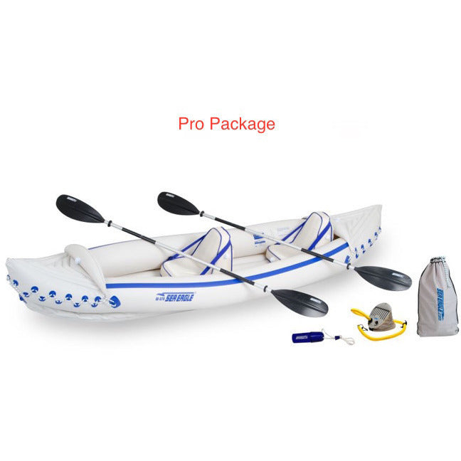 Sea Eagle 370 Sport Inflatable Kayak pro package top view with the bag and pump sitting next to the Sea Eagle inflatable boat.