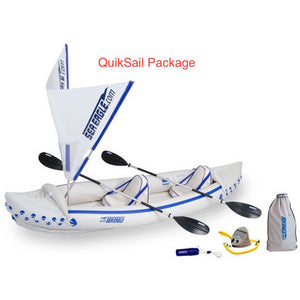 Sea Eagle 370 Sport Inflatable Kayak QuikSail top view with the bag and pump sitting next to the Sea Eagle inflatable boat.
