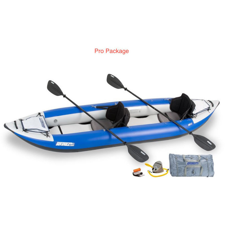 Sea Eagle Explorer 380X Inflatable Tandem Kayak Pro Package top and side display view with the bag and pump sitting next to the Sea Eagle inflatable kayak. 