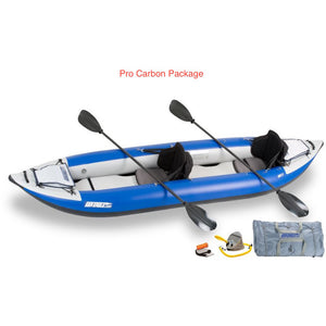 Sea Eagle Explorer 380X Inflatable Kayak Pro Carbon Package top and side display view with the bag and pump sitting next to the Sea Eagle inflatable kayak. 
