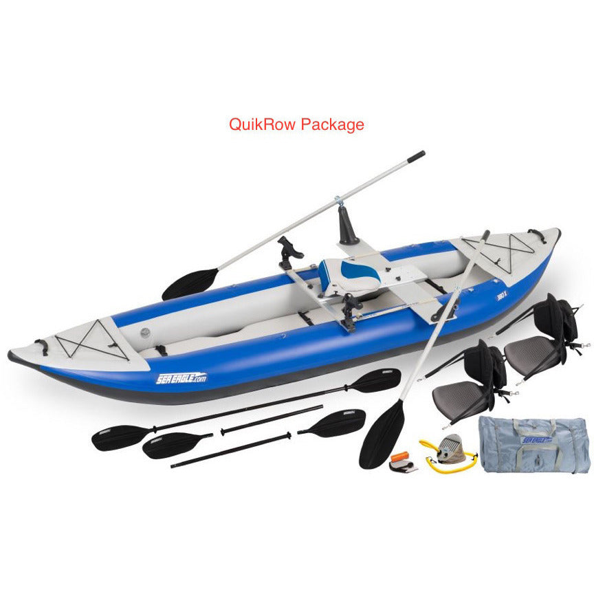 Sea Eagle Explorer 380X Inflatable Tandem Kayak QuikRow package top and side display view with the bag and pump sitting next to the Sea Eagle inflatable kayak. 
