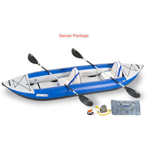 Sea Eagle Explorer 380X Inflatable Tandem Kayak Deluxe package top and side display view with the bag and pump sitting next to the Sea Eagle inflatable kayak. 