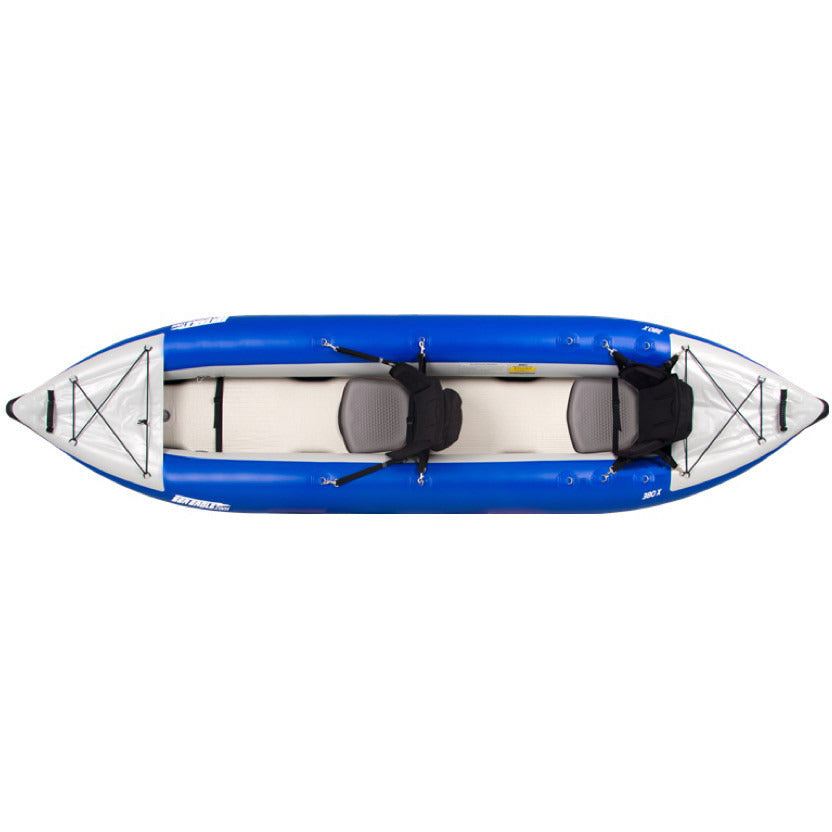 Sea Eagle Explorer 380X Inflatable Tandem Kayak top and side display view with the bag and pump sitting next to the Sea Eagle inflatable kayak. Blue hull with grey highlights. 
