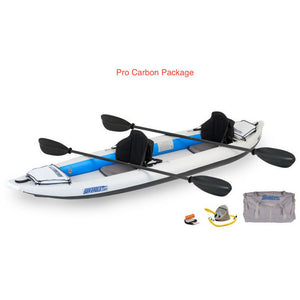 Sea Eagle FastTrack 385FT Tandem Inflatable Kayak Pro Carbon Package top and side display view with the bag and pump sitting next to the Sea Eagle inflatable kayak. 