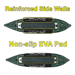 Sea Eagle 385 FastTrak Angler Kayak up close diagram showing Reinforced Side Walls and Non Slip EVA Pad, overhead view