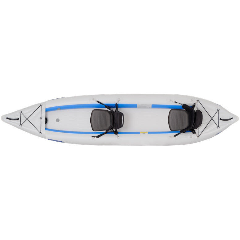 Sea Eagle FastTrack 385FT Tandem Inflatable Kayak top and side display view with the bag and pump sitting next to the Sea Eagle inflatable kayak. 