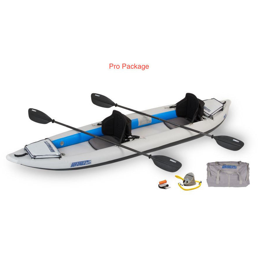 Sea Eagle FastTrack 385FT Tandem Inflatable Kayak Pro Package top and side display view with the bag and pump sitting next to the Sea Eagle inflatable kayak. 