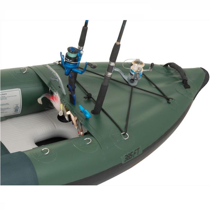 Sea Eagle 385fta FastTrack Angler Inflatable Kayak close up of the pole holders and storage bungees on the nose of the inflatable kayak. 