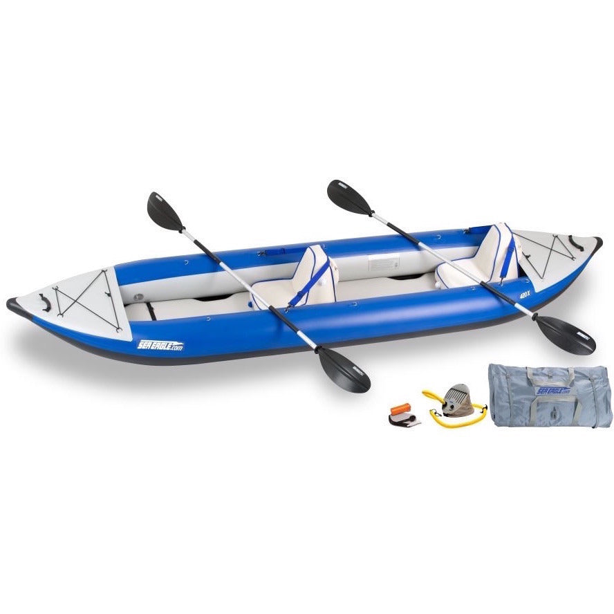 Sea Eagle Explorer 420X Tandem Inflatable Kayak top and side display view with the bag and pump sitting next to the Sea Eagle inflatable kayak. Blue/Grey