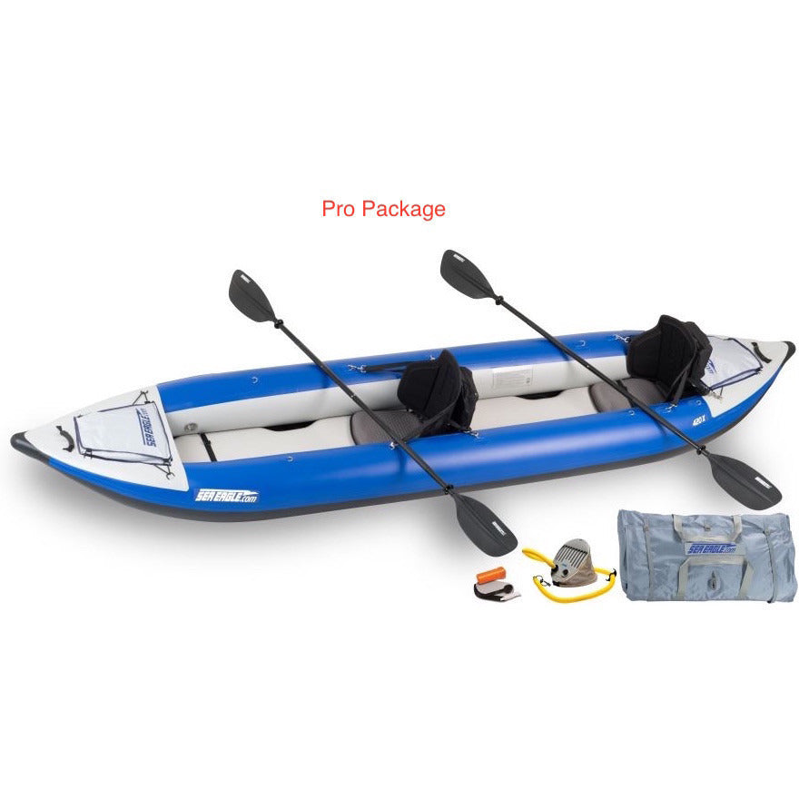 Sea Eagle Explorer 420X Tandem Inflatable Kayak Pro Packge top and side display view with the bag and pump sitting next to the Sea Eagle inflatable kayak. top and side display view with the bag and pump sitting next to the Sea Eagle inflatable kayak. 