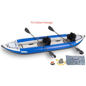 Sea Eagle Explorer 420X Tandem Inflatable Kayak pro carbon top and side display view with the bag and pump sitting next to the Sea Eagle inflatable kayak. 