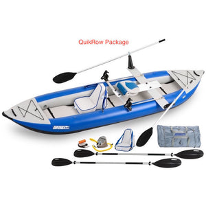 Sea Eagle Explorer 420X Tandem Inflatable Kayak QuikRow Package top and side display view with the bag and pump sitting next to the Sea Eagle inflatable kayak. 