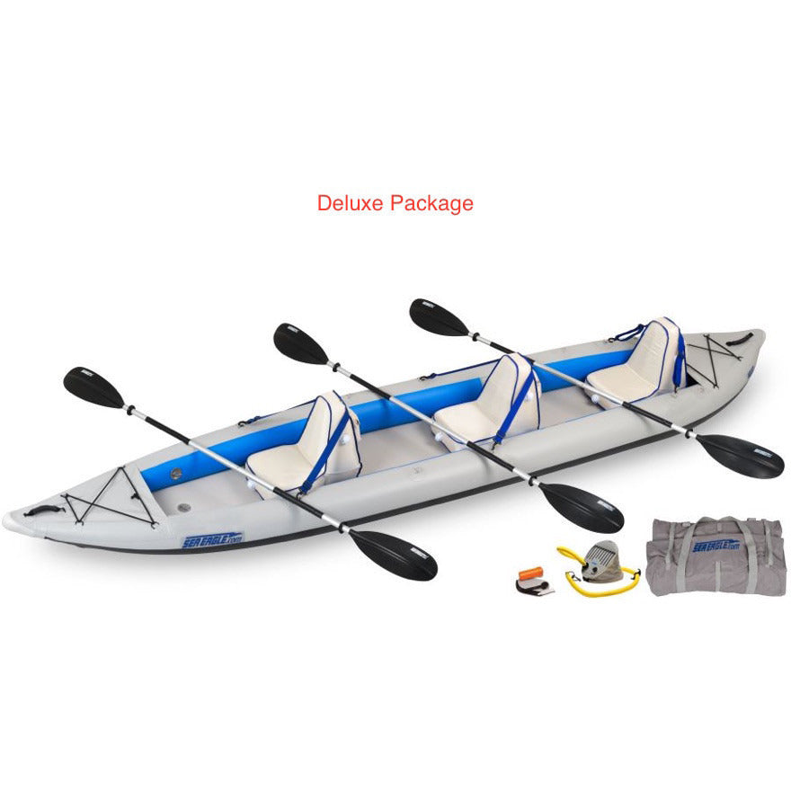 Sea Eagle FastTrack 465FT Tandem Inflatable Kayak Deluxe Package display view. 
