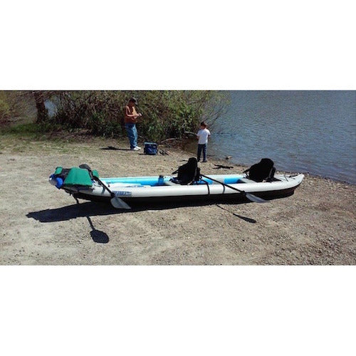 Sea Eagle FastTrack 465FT Tandem Inflatable Kayak on the beach ready to launch. 