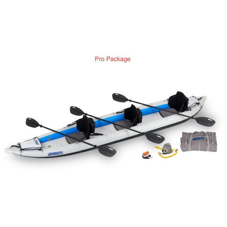 Sea Eagle FastTrack 465FT Tandem Inflatable Kayak Pro Package display view with carry bag and pump. 