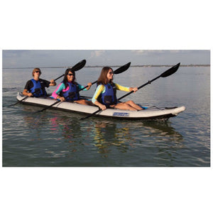 Sea Eagle FastTrack 465FT Tandem Inflatable Kayak in use by 3 girls out on the lake. 