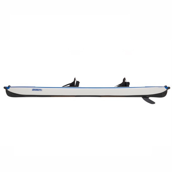 Blue and Grey Sea Eagle RazorLite 473rl Tandem Inflatable Kayak  top display view with the bag and pump sitting next to the Sea Eagle inflatable Kayak. 