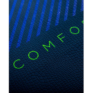 Neva 12.6 Inflatable Paddle Board text detail engraved in neon-green on a darker blue part of the board.