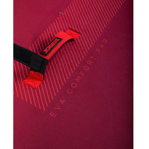 Mira 10.6 Inflatable Paddle Board text detail near the crimson-red strap handle.