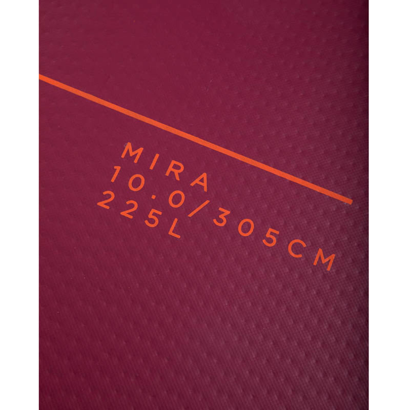 Mira 10.6 Inflatable Paddle Board zoomed in detail on the model name and number engraved in red-orange on the board.