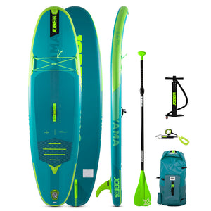 This is the complete set of the Jobe Yama SUP 8.6 package. There's the full-frontal and side views of the aquamarine-colored with neon green linings inflatable SUP itself. Beside it are the: neon green and black Freedom Stick Youth paddle, black double-action pump with the brand engraved in neon green on it, coiled leash with neon green and black colors and cerulean waterproof backpack.