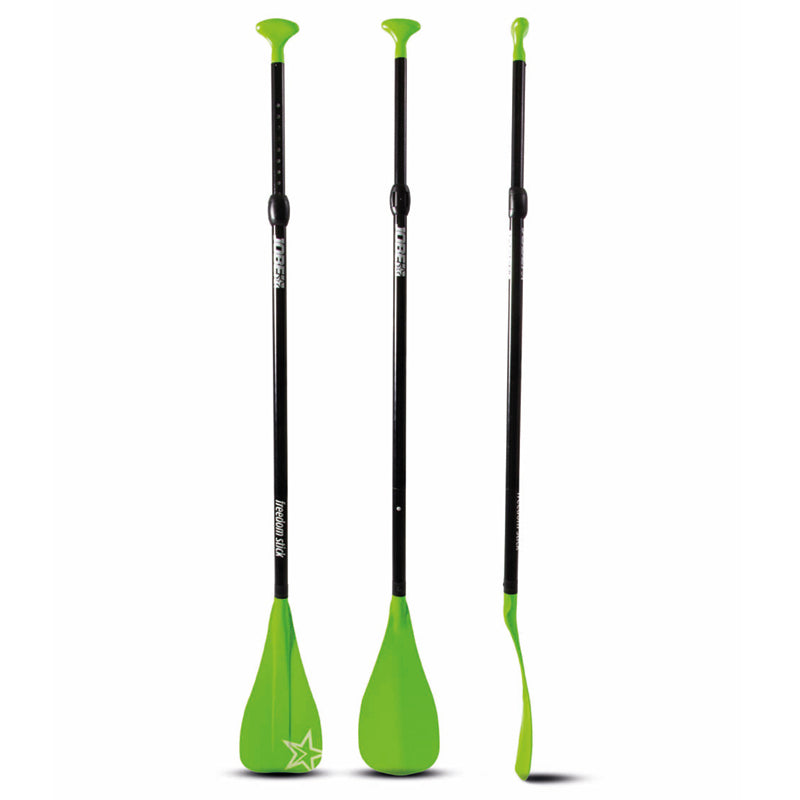 This shows the different angles of the Jobe Freedom Stick Youth SUP Paddle. The grip is a dark neon green along with the blade while the shaft is black with the brand name imprinted on it in white.