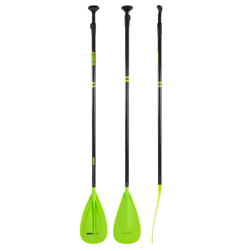 This shows the different angles of the Jobe Fusion Stick 3-Piece SUP Paddle. The grip is a lime green along with the blade while the shaft is black with the brand name imprinted on it in lime.