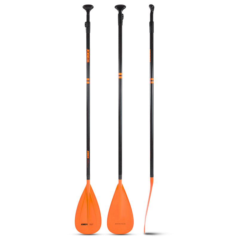 This shows the different angles of the Jobe Fusion Stick 3-Piece SUP Paddle. The grip is a light neon orange along with the blade while the shaft is black with the brand name imprinted on it in light neon orange.