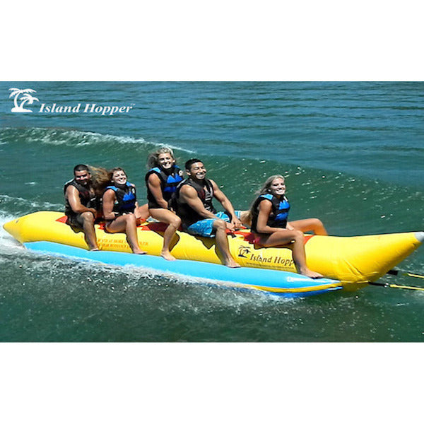 Yellow Island Hopper 5 Person Banana Boat Tube side view with 5 kids.  Image on white background. 