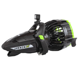 Yamaha 500Li Sea Scooter is all black with lime green highlights.  White Yamaha 500 Li Sea Scooter type is on the side.  This view shows the left hand side of the Yamaha 500 Li Seascooter.  The front is shaped like a mini-torpedo and the back has a propeller with a protective cage around it.