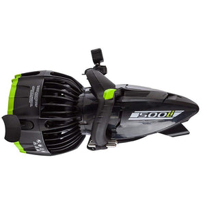 Right side view of the Yamaha 500Li Sea Scooter.  The black and lime under water scooter also has white lettering that reads Yamaha Sea Scooter.  Propeller fan cage is at the rear and diagonally moves to a point at the front.