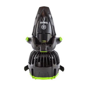 Yamaha 500Li Sea Scooter top view showing the all black design with bits of lime.  On the front top of the seascooter in white letters it says Yamaha 500Li Seascooter