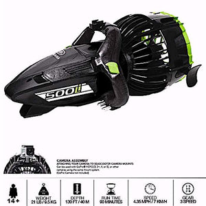 Yamaha 500Li Sea Scooter Specifications and side view of the black and lime Yamaha 500Li Sea Scooter.  The under water scooter is black and lime with white Yamaha Sea Scooter lettering.  Specifications state that: the dive scooter is for those 14 years and older, weight = 21 pounds, Max Depth = 130ft, Run Time is 90 minutes, Max Cruise speed is 4.35, 3 Gears