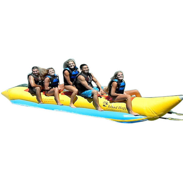 Yellow Island Hopper 5 Person Banana Boat Tube side view with 5 kids.  Image on white background. 