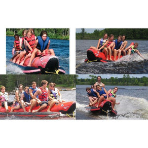 Cross section of 4 pictures of different angles of kids riding Island Hopper 6 Person Red Shark Banana Boat Towable on the water.