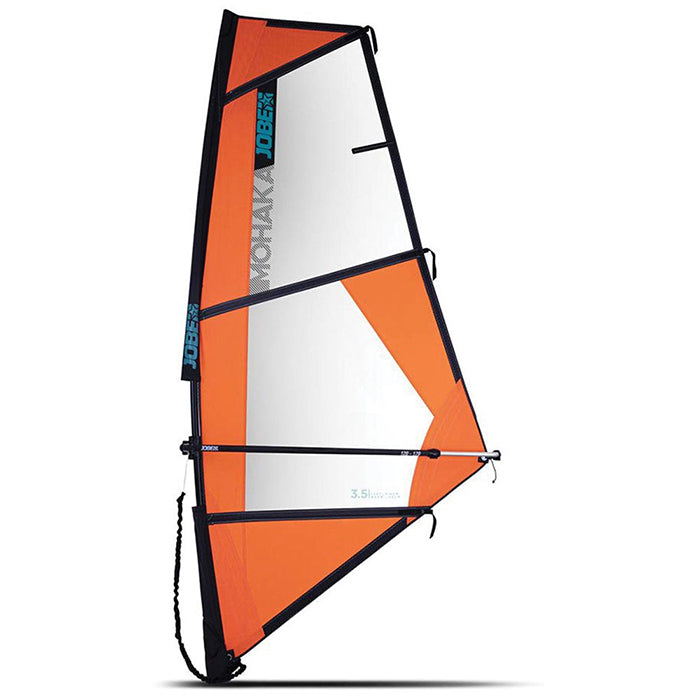 This image shows the orange and light gray dominating colors of the JOBE Mohaka SUP Sail with black outlines and in the middle is the product name printed out as "JOBE" with a black outline and the letters colored in aqua blue while "MOHAKA" is in a darker shade of gray.