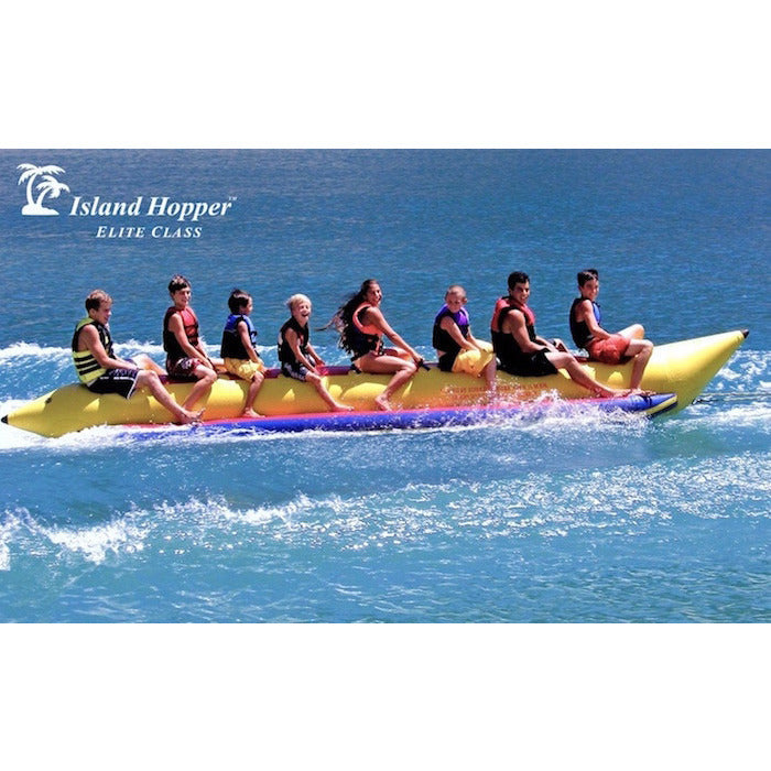 Island Hopper 8 Person Towable Banana Boat Tube side view in action on the water. 