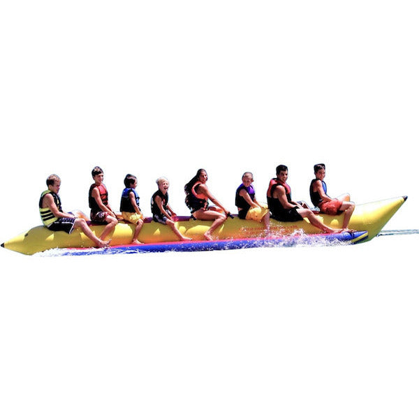 Yellow Island Hopper 8 Person Towable Banana Boat Tube Side view, image on a white background. 