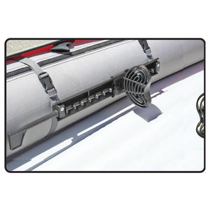Advanced Elements Inflatable Kayak Adjustable Foot Pegs pictured on the inside of an Advanced Elements Kayak, showing the easily adjustable grey foot pegs. 